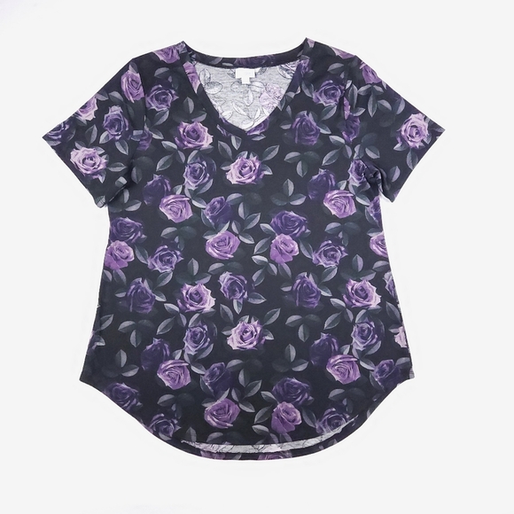 LuLaRoe Tops - LuLaRoe Purple Rose Print V-Neck Tee Size Large